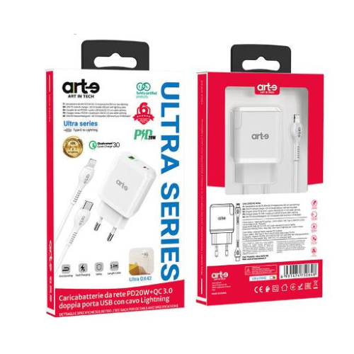 Caricabatteria da rete PD+QC bianco doppia USB serie Ultra cavo lightning